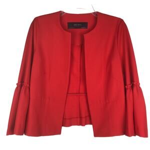Zara Basic Cropped Jacket Red 3/4 Gathered Flared Bell Sleeves Open Front Small